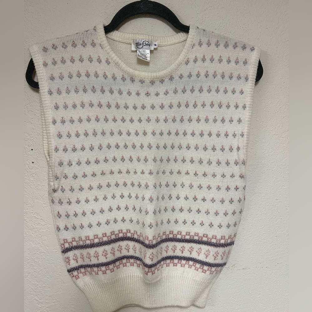 TanJay Cream Sweater Vest with Pink and Purple Fair Isle Accents